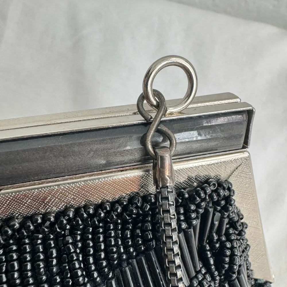 Vintage Fancy Mini Purse Beaded Clutch Black Silver 60's 70's